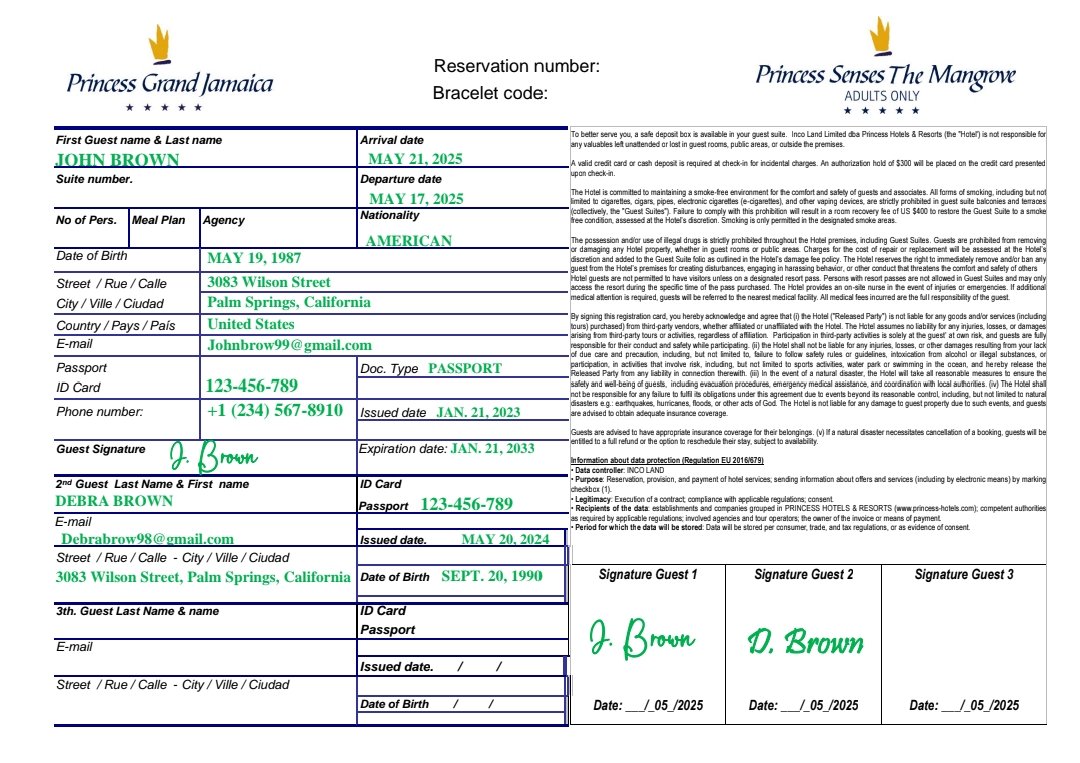 Example of the Princess Grand Hotel registration form completed